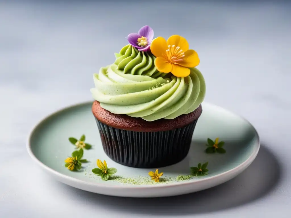 Delicioso cupcake vegano de matcha con frosting, flores comestibles y polvo de matcha en plato blanco