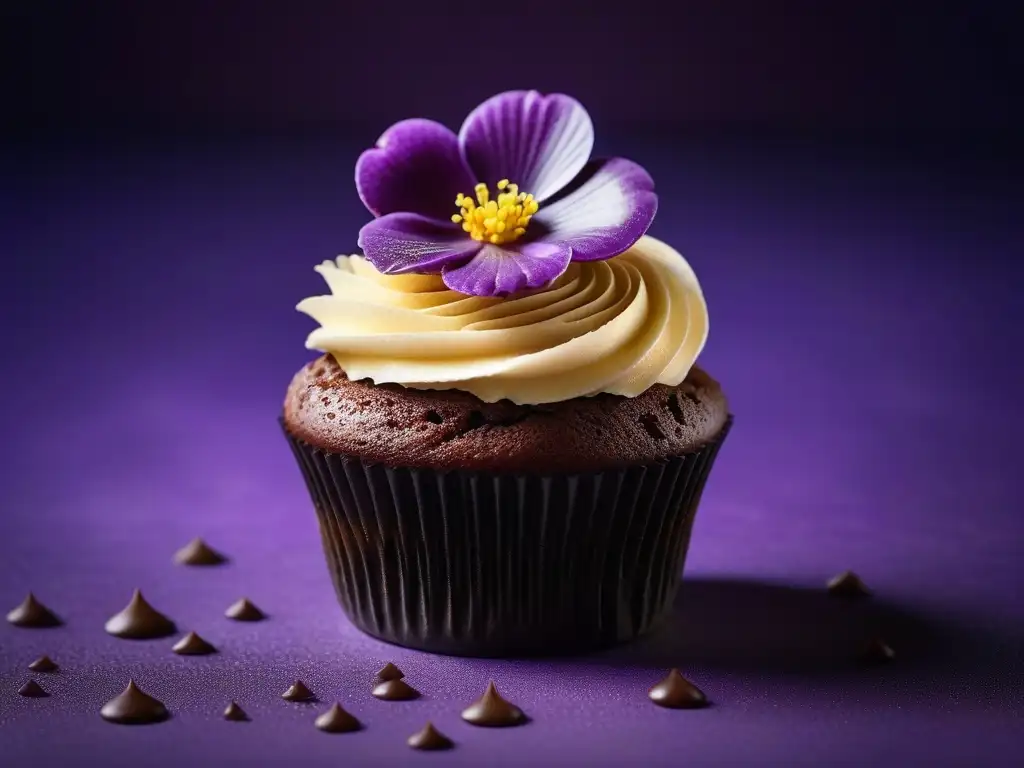 Delicioso cupcake vegano de vainilla con frosting de chocolate brillante y flores comestibles en tonos vibrantes