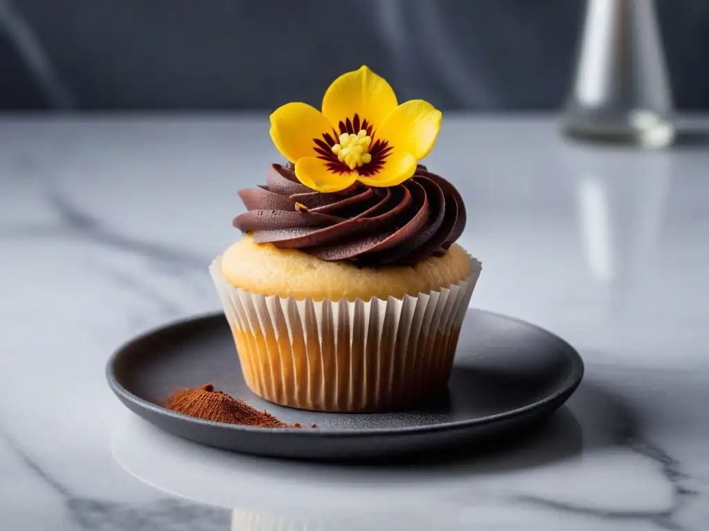 Delicioso cupcake vegano de vainilla con frosting de chocolate, decorado con flores comestibles y cacao