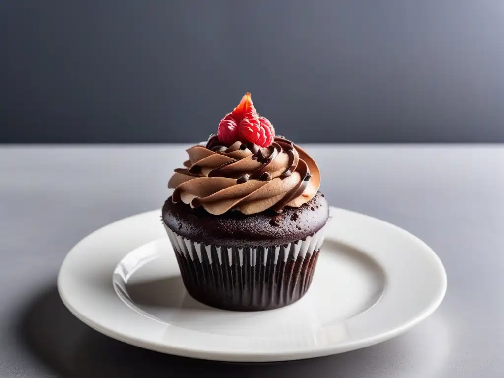 Delicioso cupcake vegano de vainilla con frosting de chocolate y frambuesa fresca en plato blanco moderno