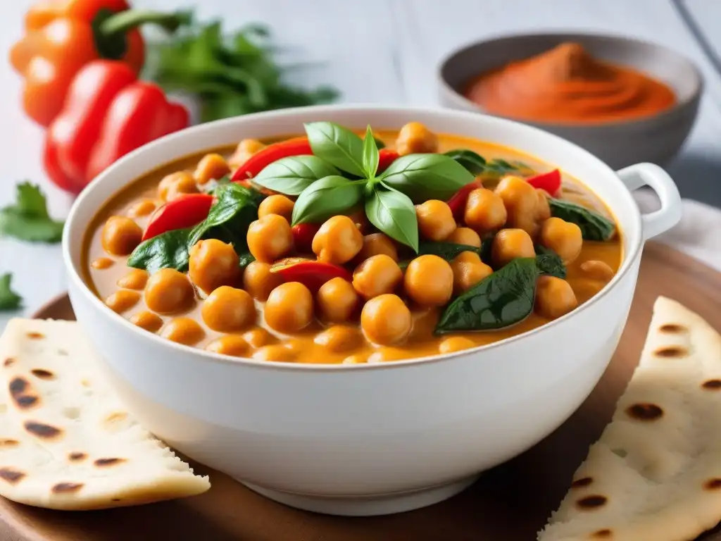 Delicioso curry vegano de garbanzos con verduras frescas, cocinado en leche de coco y curry, servido en un bol blanco