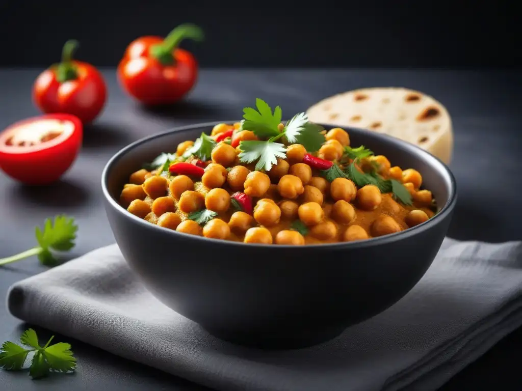 Un delicioso curry vegano de garbanzos en un bol moderno, con cilantro fresco y hojuelas de chile rojo, en una cocina minimalista con luz natural