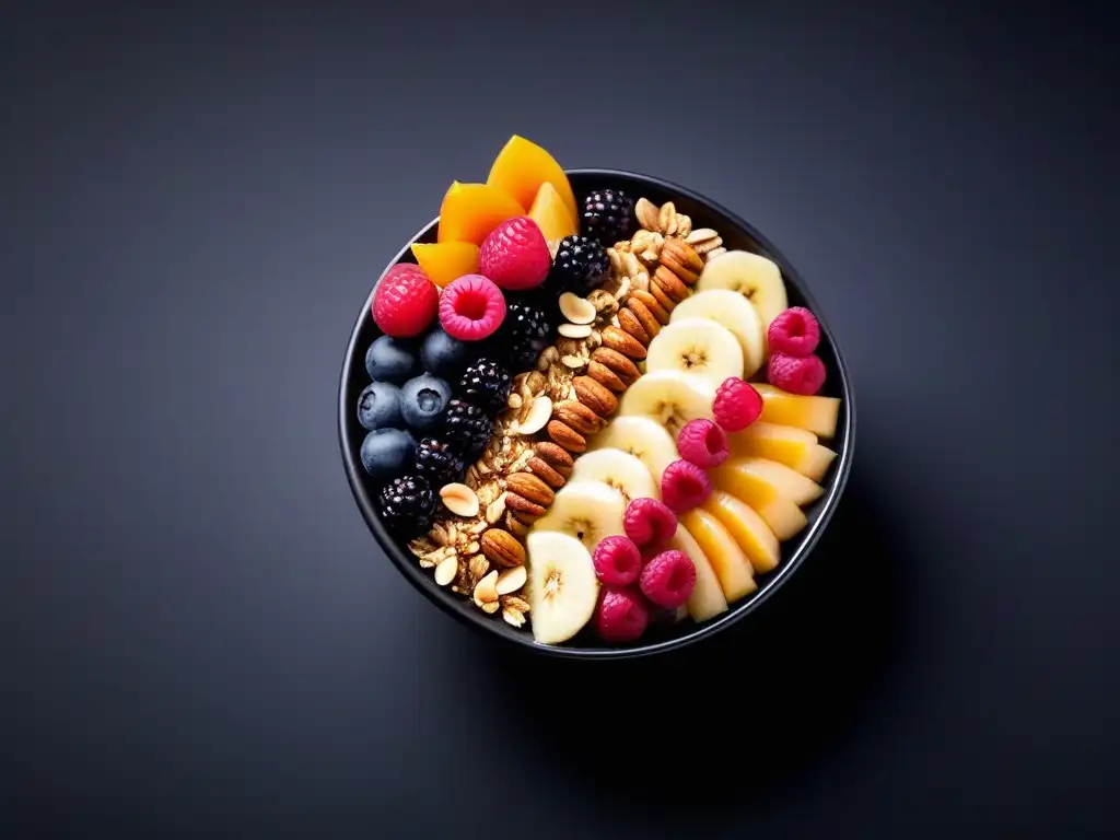 Delicioso desayuno vegano sin gluten con acai bowl y frutas frescas vibrantes sobre fondo negro elegante