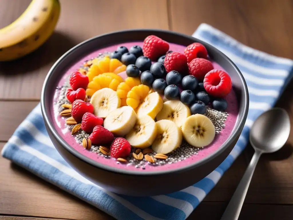 Un delicioso desayuno vegano americano con bowl de smoothie y frutas frescas en una mesa de madera