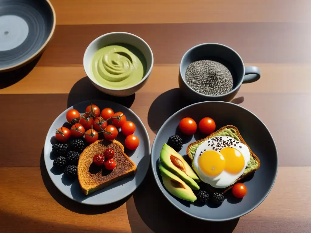 Delicioso desayuno vegano australiano con aguacate, Vegemite, tomates, semillas de sésamo, bayas y latte de cúrcuma en mesa moderna de madera