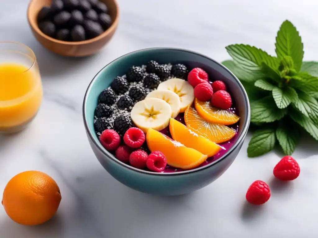 Delicioso desayuno vegano: bol de açaí con bayas, semillas de chía, coco, miel, jugo de naranja y menta fresca