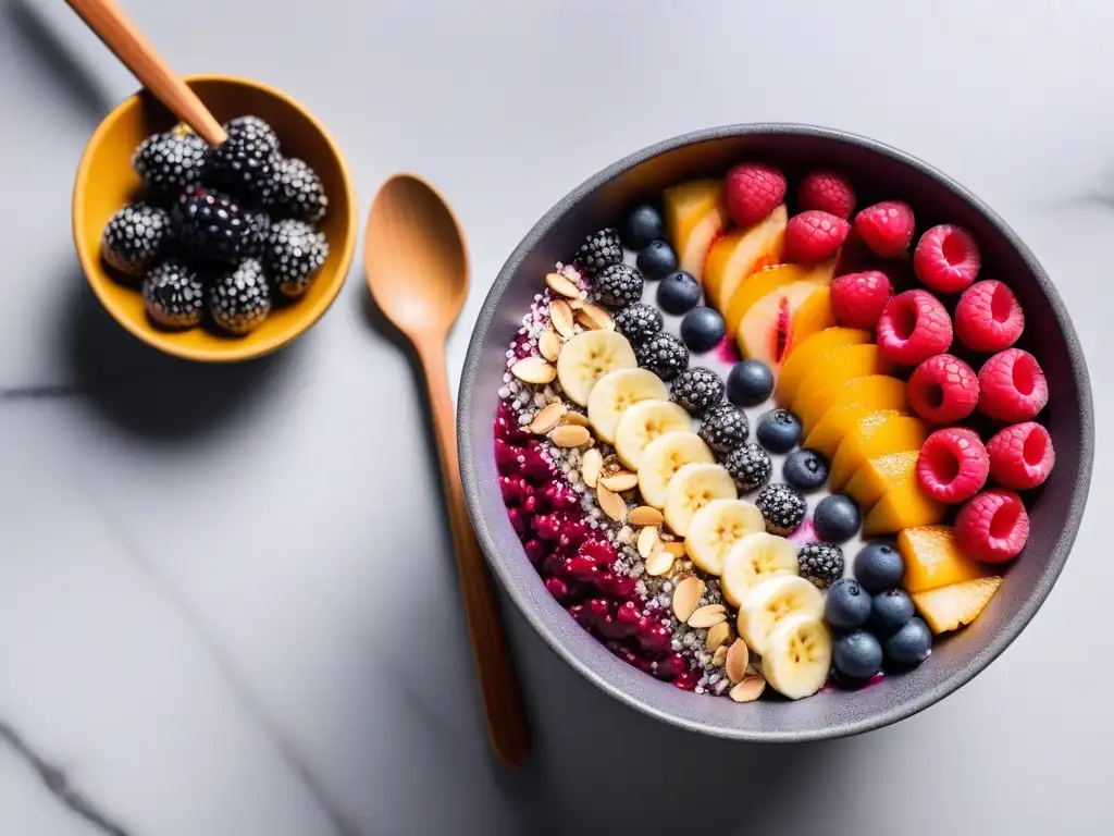 Un delicioso desayuno vegano sin gluten con un bowl de açaí colorido, bayas frescas, semillas de chía y copos de coco sobre una encimera de mármol