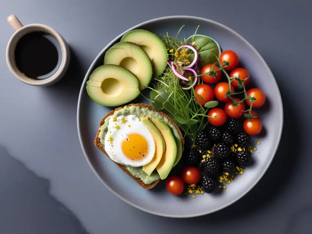 Un delicioso desayuno vegano completo y saludable en una mesa de mármol