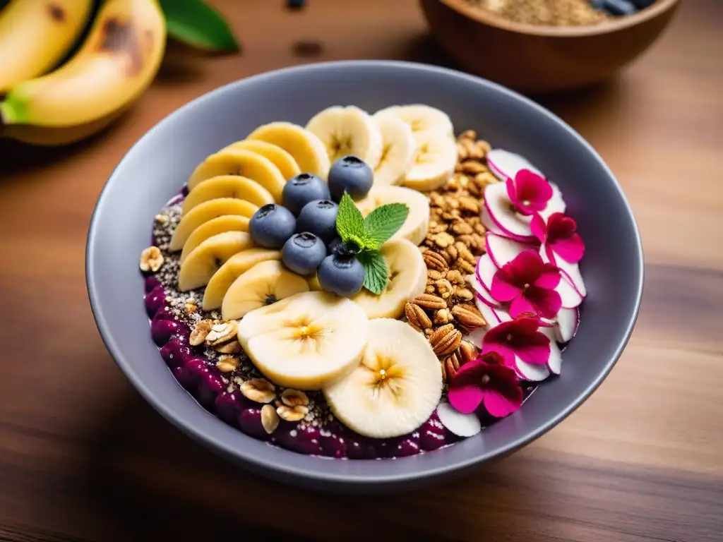 Delicioso desayuno vegano energético con bowl de açaí y toppings, en una mesa de madera con frutas frescas y hojas verdes