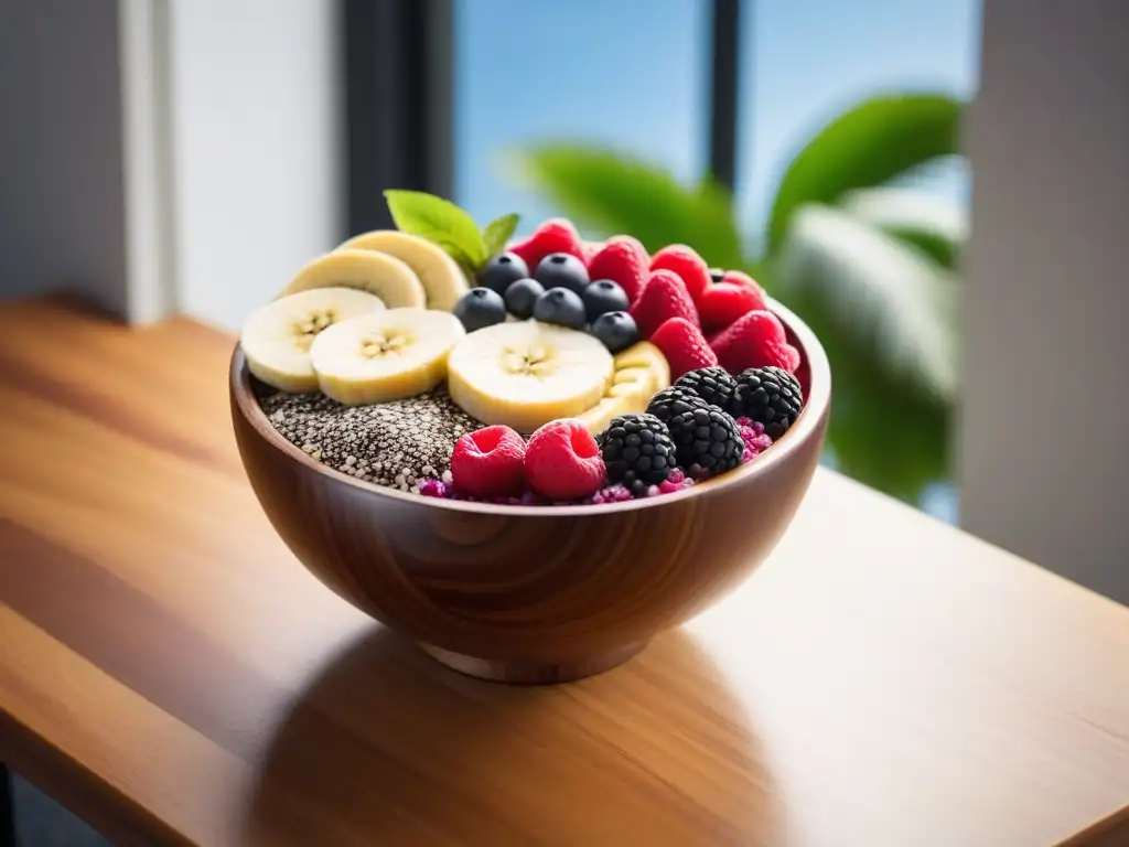 Un delicioso desayuno vegano energético con bowl de açai, frutas frescas y semillas, sobre una mesa de madera moderna en un entorno natural