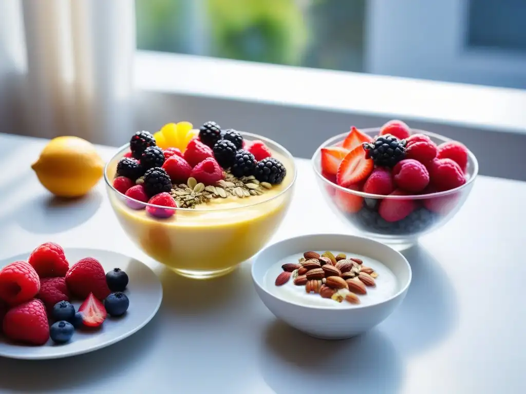 Delicioso desayuno vegano con frutas frescas, semillas y yogur sin lácteos en elegantes recipientes de vidrio, iluminado por la mañana