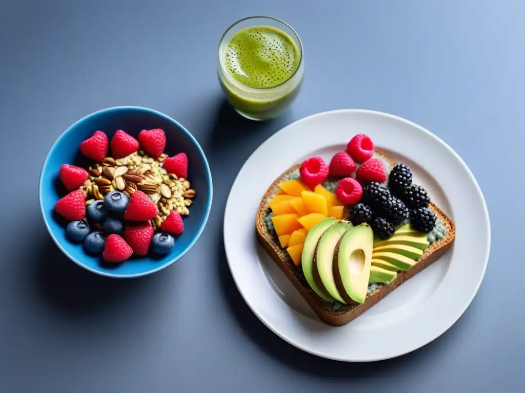 Un delicioso desayuno vegano con frutas frescas, aguacate, chía y té herbal