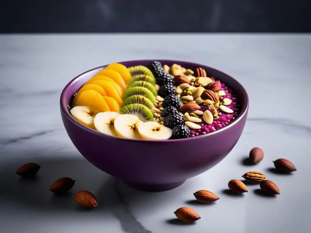 Delicioso desayuno vegano con frutos secos y acai en elegante encimera de mármol