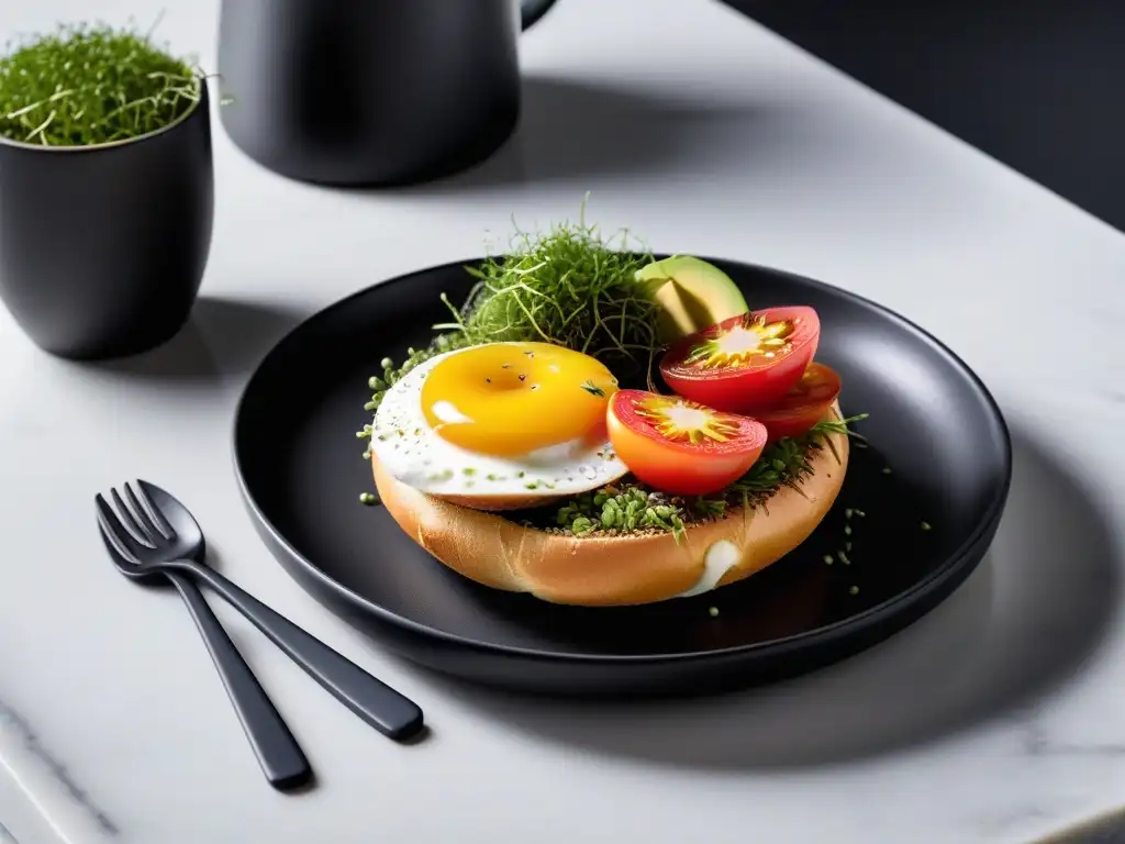 Delicioso desayuno vegano gourmet con bagel, aguacate, tomate, microgreens y semillas de sésamo negro sobre mármol negro y taza de café