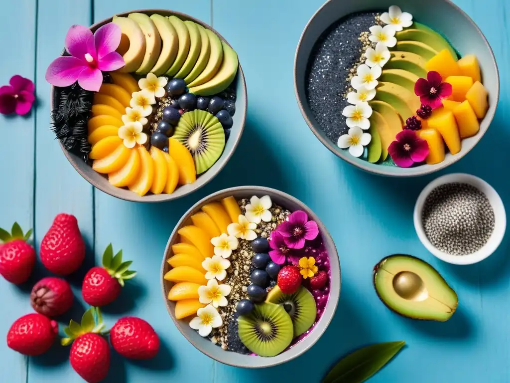 Un delicioso desayuno vegano oceánico saludable con acai, chía, aguacate y espirulina en una mesa de madera moderna con luz natural