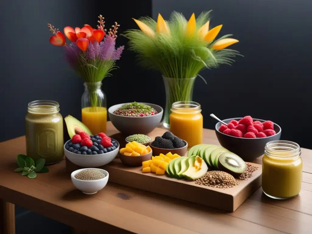 Delicioso desayuno vegano primaveral: frutas frescas, aguacate, semillas, té herbal y flores, en mesa de madera moderna