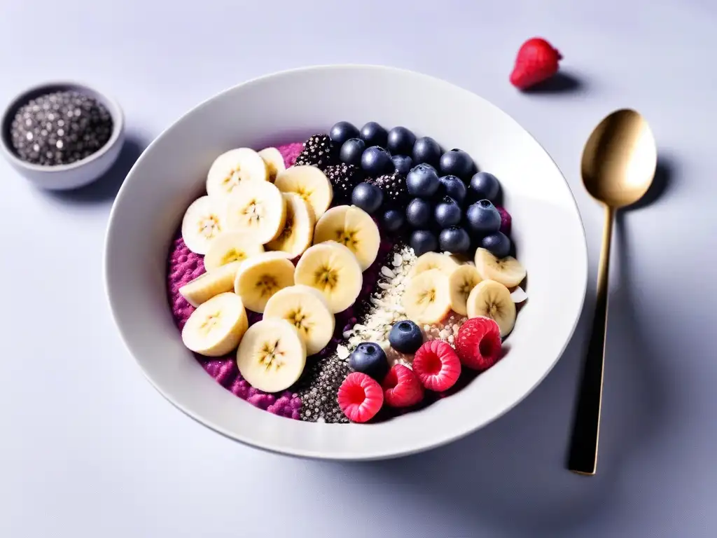 Un delicioso desayuno vegano rápido y delicioso: bowl de açaí con frutas frescas y semillas en un elegante recipiente de cerámica