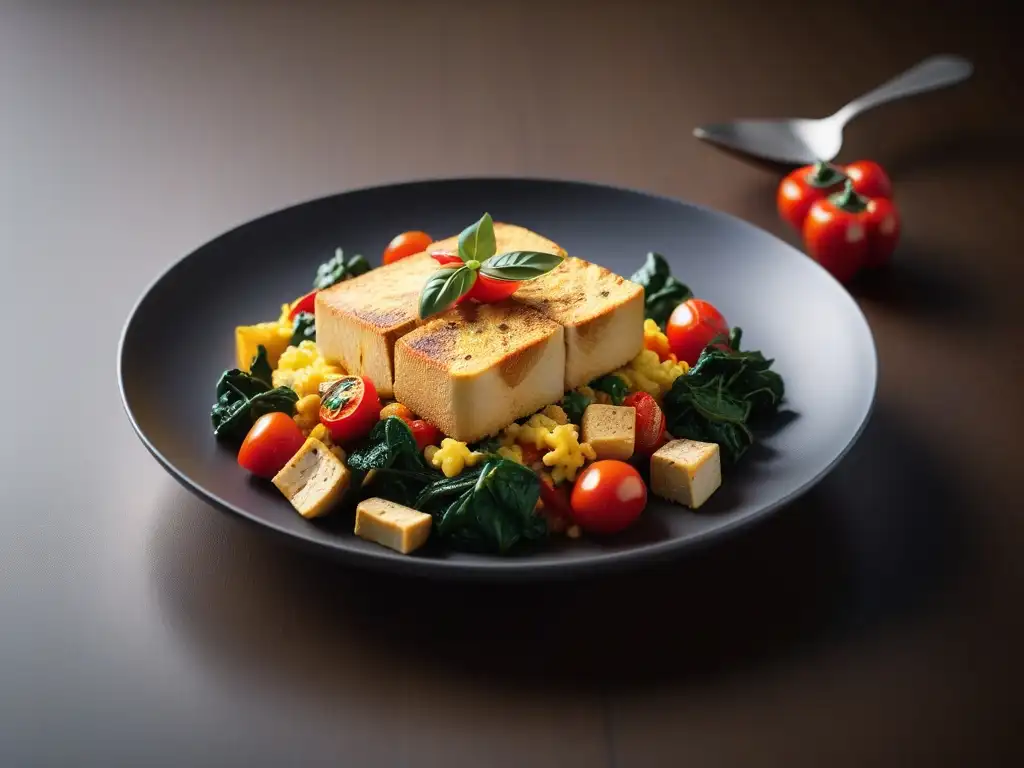 Un delicioso desayuno vegano: receta tofu revuelto con vegetales coloridos y aromáticas especias