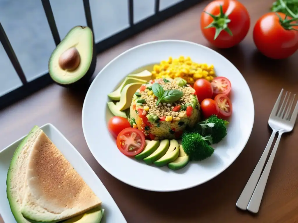 Un delicioso desayuno vegano con tofu revuelto, vegetales coloridos y semillas, en una mesa elegante iluminada por la luz natural