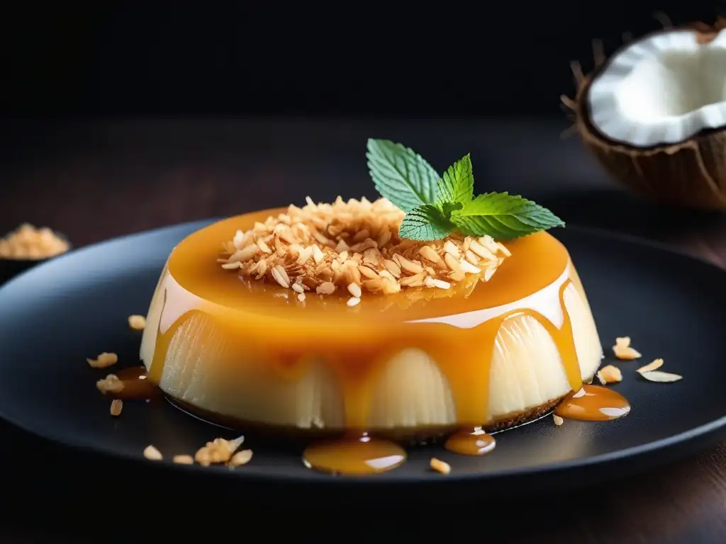 Delicioso flan vegano de coco con caramelo dorado y hoja de menta fresca en plato negro mate