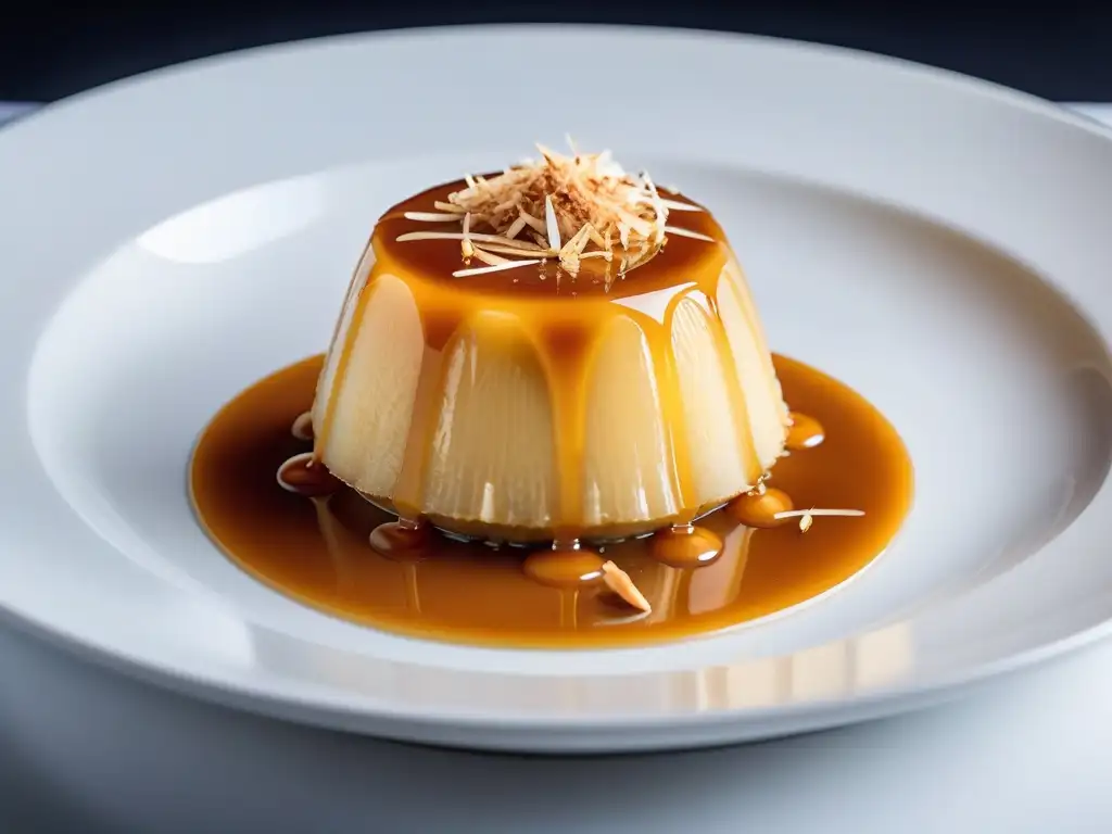 Delicioso flan vegano de coco en plato moderno, con coco tostado y salsa de caramelo dorado