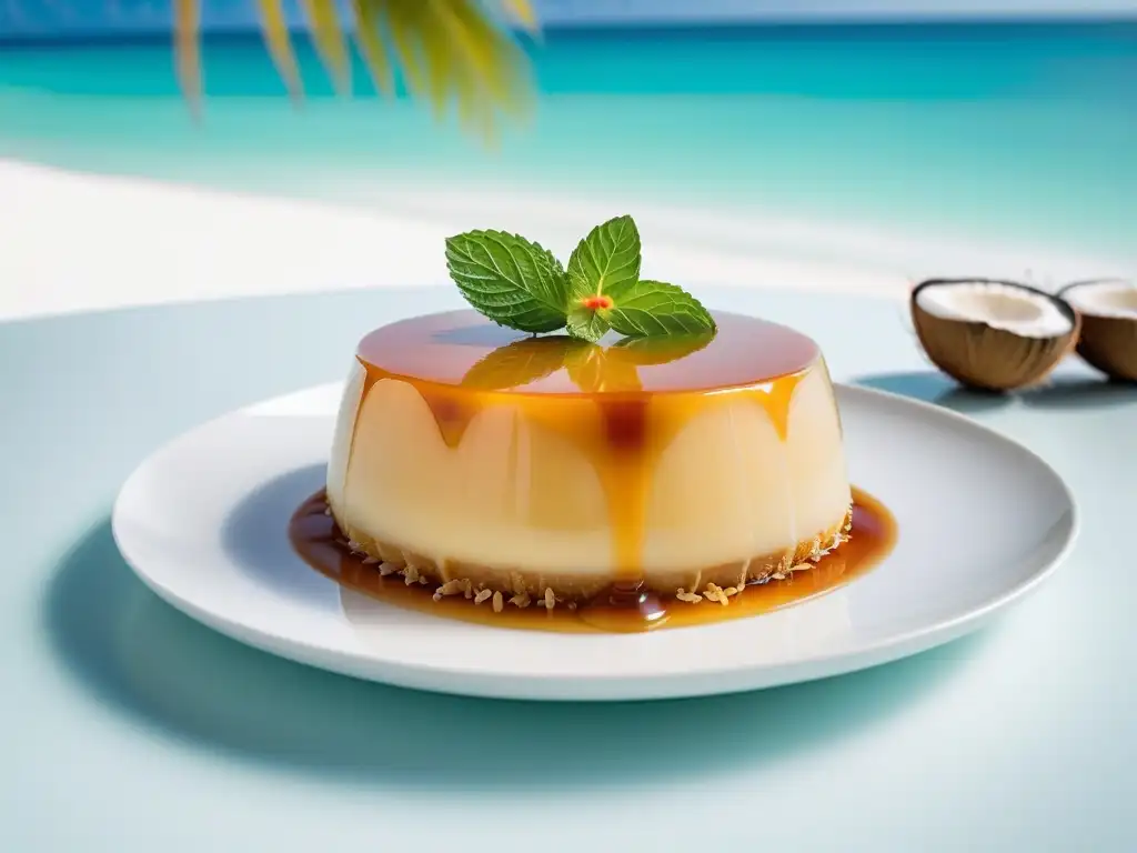 Delicioso flan vegano de coco con caramelo dorado, coco tostado y hojas de menta fresca, sobre un plato blanco, fondo de palmeras y mar turquesa