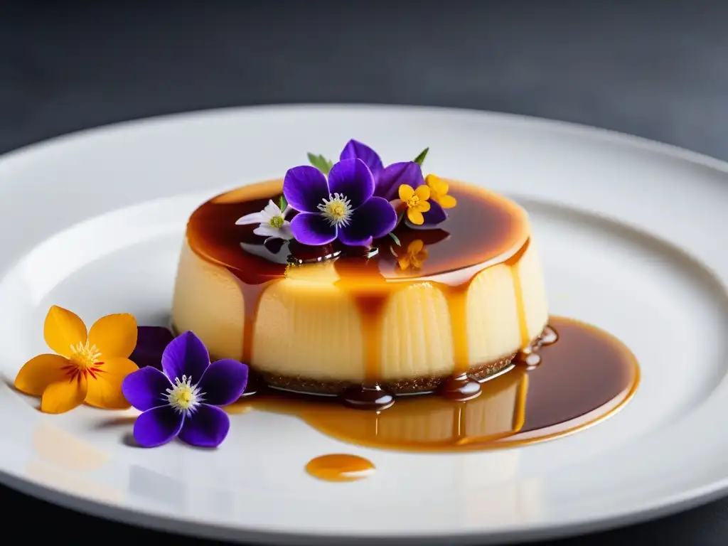 Delicioso flan vegano sin huevo con caramelo, vainilla y flores comestibles en plato elegante y minimalista