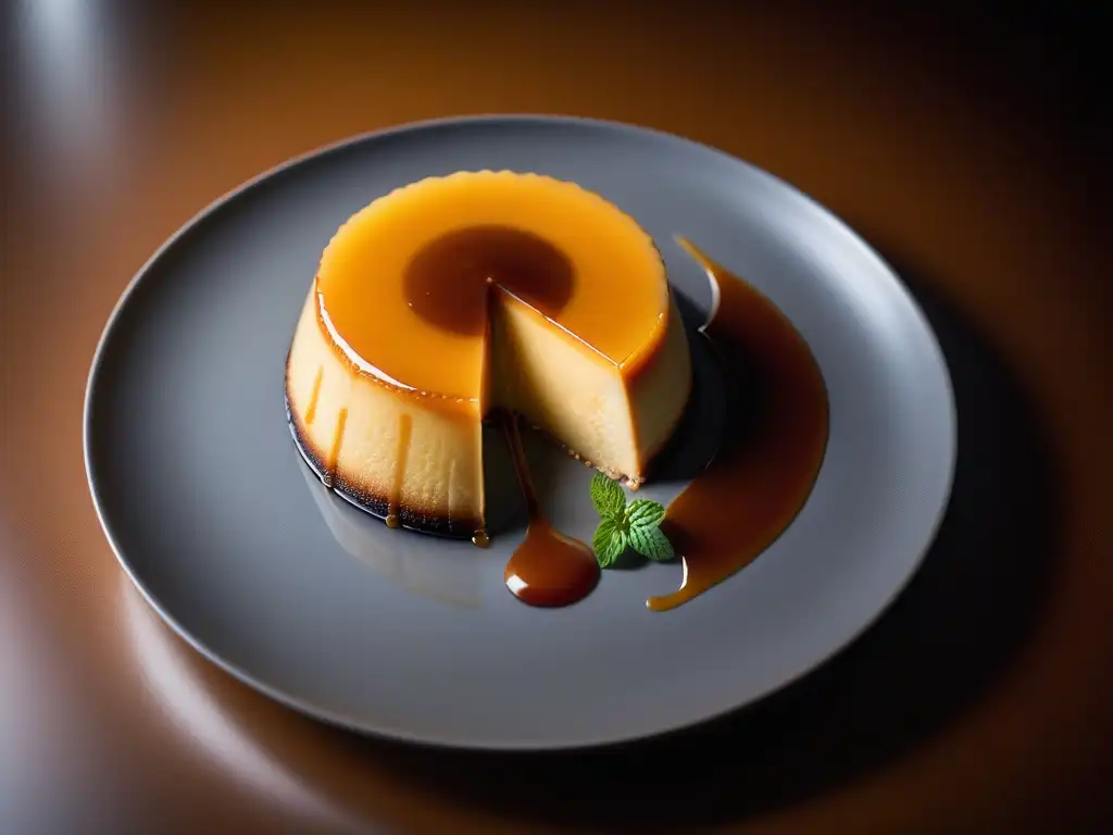 Delicioso flan vegano sin huevo con caramelo dorado, irresistible y sofisticado