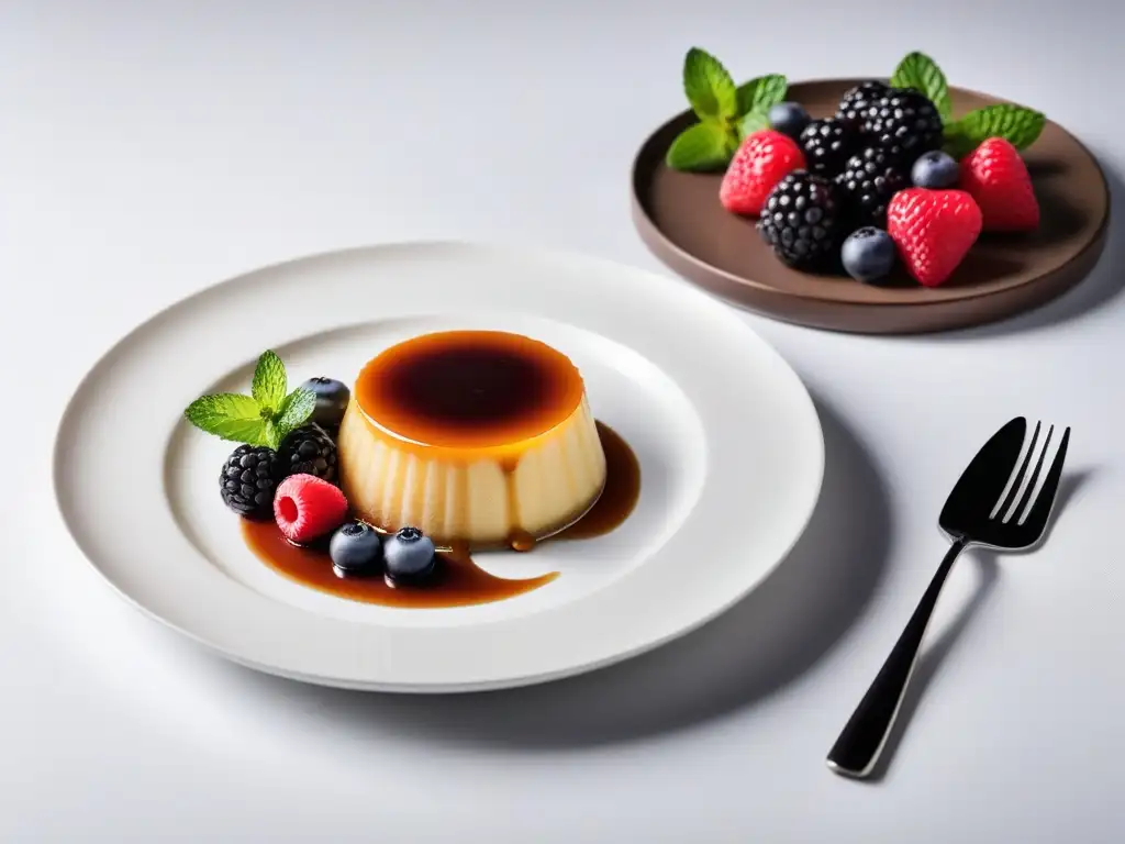 Delicioso flan vegano sin huevo con caramelo, frutas y menta en elegante presentación