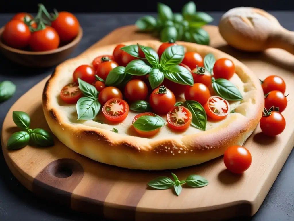 Delicioso focaccia vegano con tomates y albahaca en tabla de madera