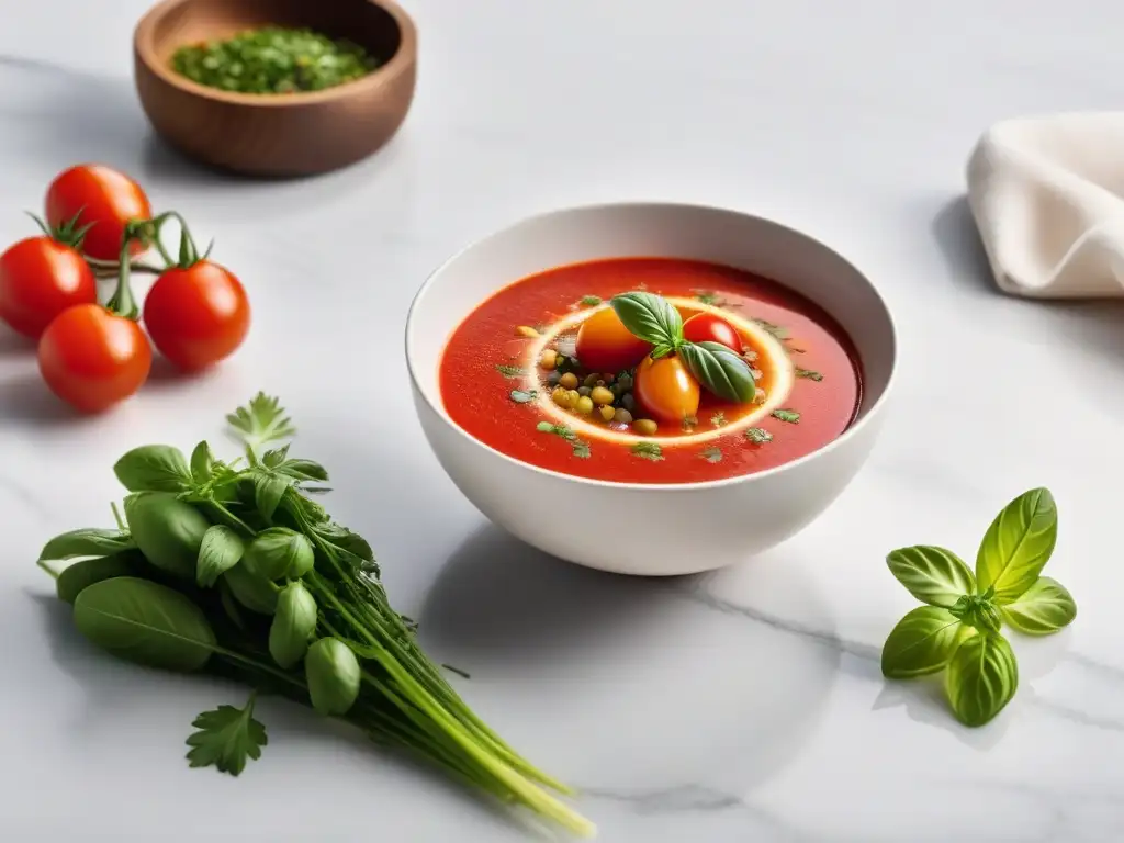 Delicioso gazpacho vegano fácil y refrescante, servido en un bol moderno sobre mármol blanco