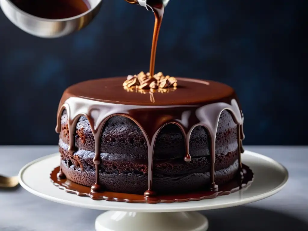 Delicioso glaseado vegano sin lácteos cubriendo un exquisito pastel de chocolate, resaltando su brillo y textura suave