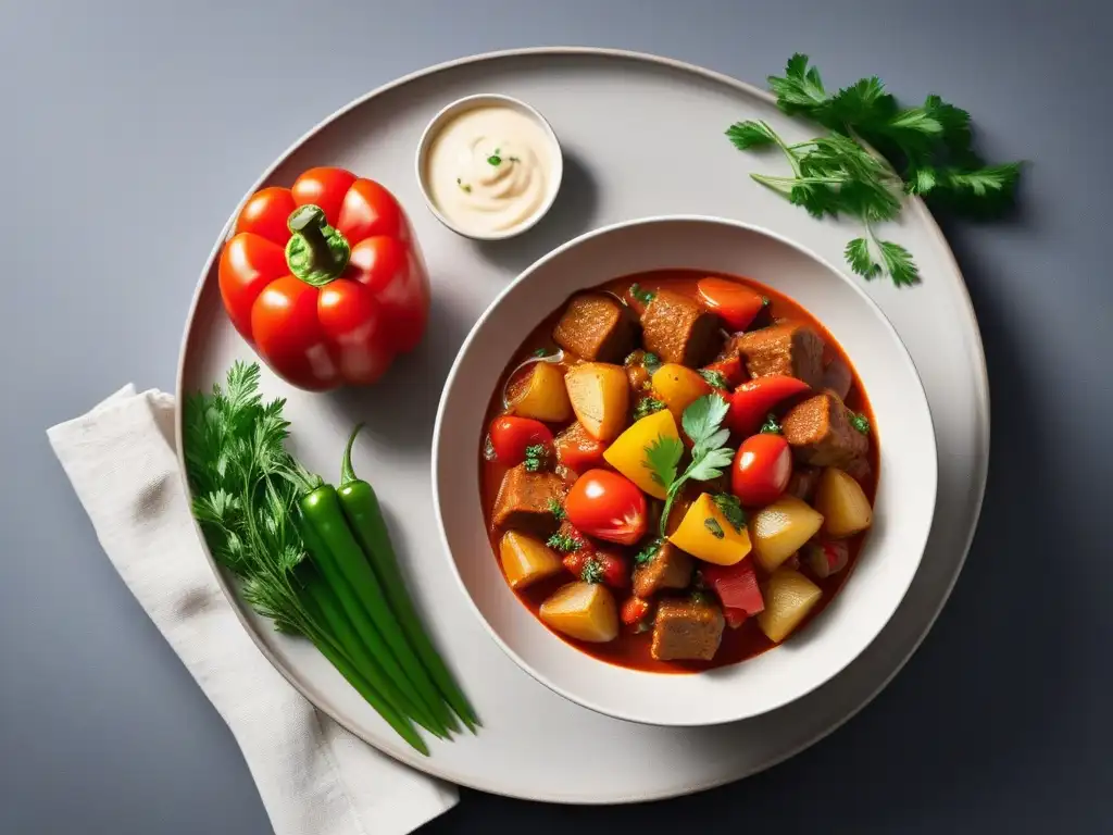 Un delicioso goulash vegano húngaro con seitan, papas y pimientos en un tazón moderno y vibrante