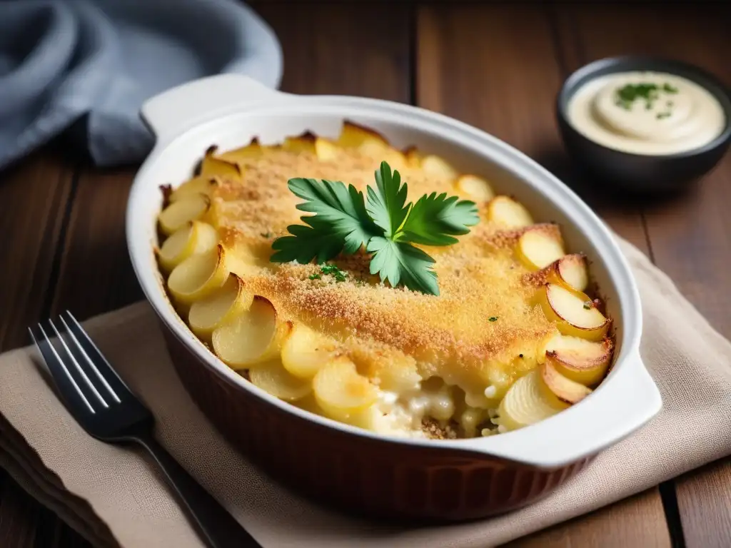 Delicioso gratin vegano con queso vegano rallable para gratines, en una mesa rústica con detalles acogedores