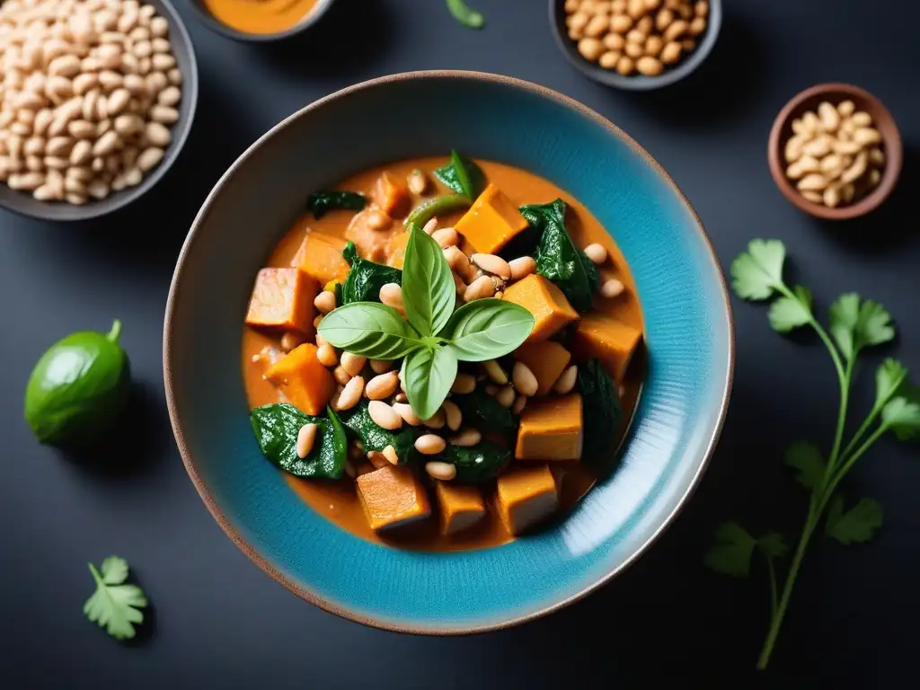 Delicioso guiso cacahuate vegano con vegetales vibrantes en salsa cremosa, presentado en un elegante bol