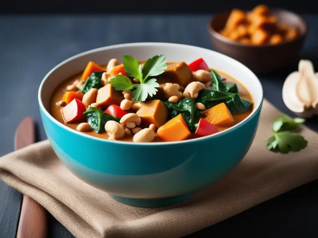 Delicioso guiso cacahuate vegano con verduras frescas en salsa cremosa, adornado con cacahuetes y cilantro, sobre mesa de madera rústica