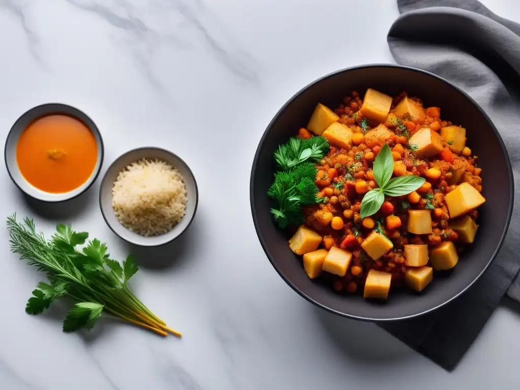 Un delicioso guiso nigeriano vegano con yuca, lleno de color y sabor, presentado en un moderno mostrador de cocina