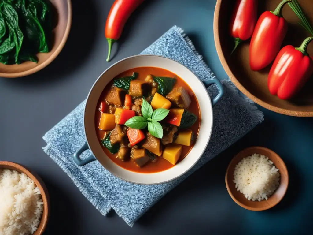 Un delicioso guiso nigeriano vegano con yuca, repleto de verduras coloridas y cocido en un caldo de tomate sabroso