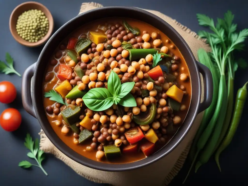 Delicioso guiso vegano africano con legumbres, verduras y especias