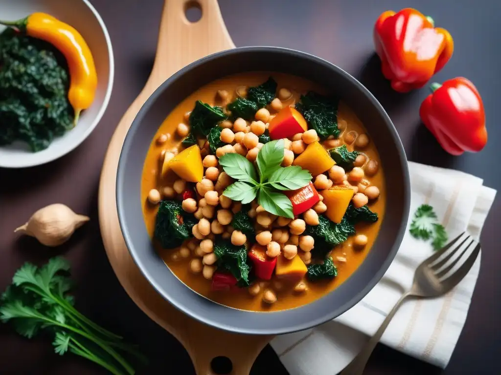 Un delicioso guiso vegano de cacahuate con batata, garbanzos, pimientos y kale, en un ambiente acogedor y lleno de aroma