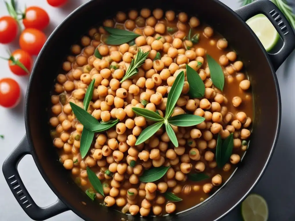 Un delicioso guiso vegano con cocción perfecta de legumbres rodeado de hierbas aromáticas