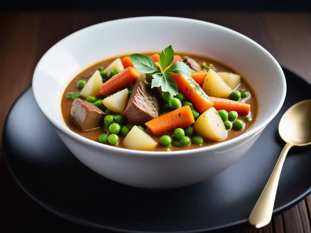 Delicioso guiso vegano con verduras coloridas en un plato blanco sobre mesa de madera