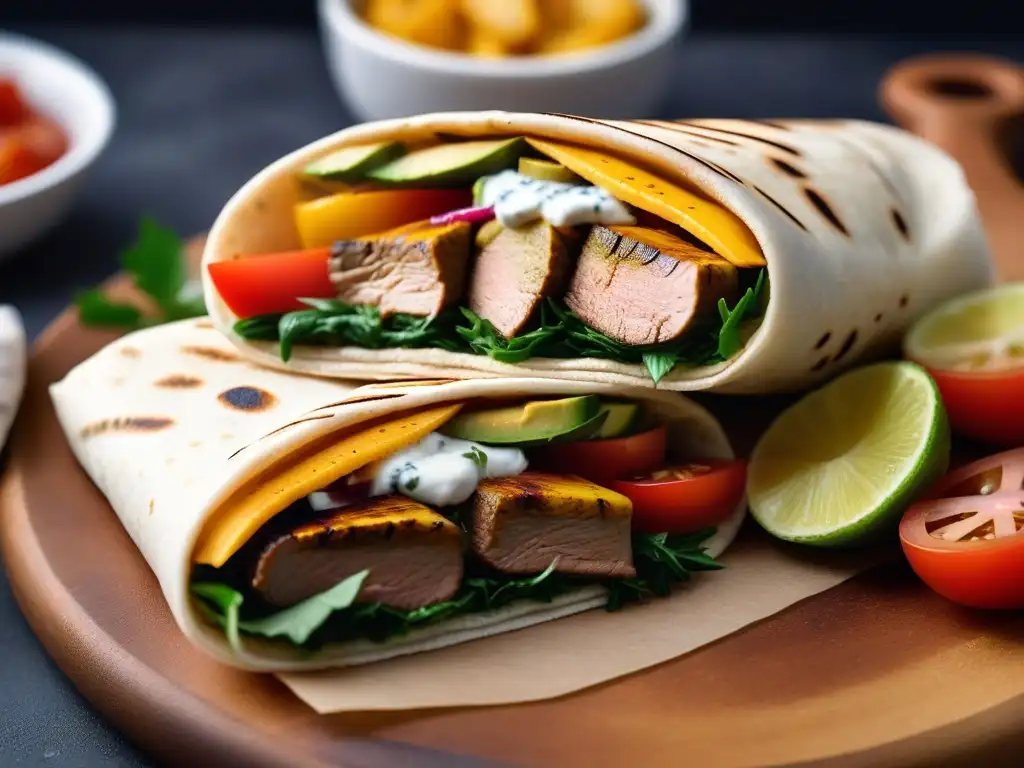 Delicioso gyro vegano con capas coloridas de verduras a la parrilla, seitan, tzatziki sin lácteos y hierbas aromáticas en pita tostada