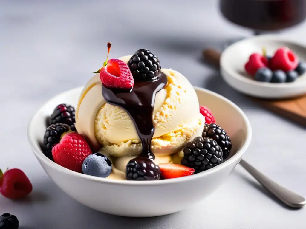 Delicioso helado vegano artesanal con bayas frescas y salsa de chocolate, textura cremosa y derretida