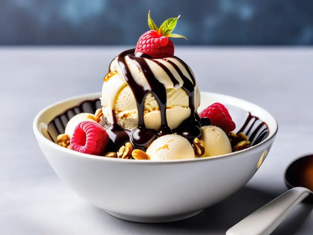 Delicioso helado vegano casero: cremoso helado de vainilla sin lácteos con salsa de chocolate, nueces y frambuesa fresca