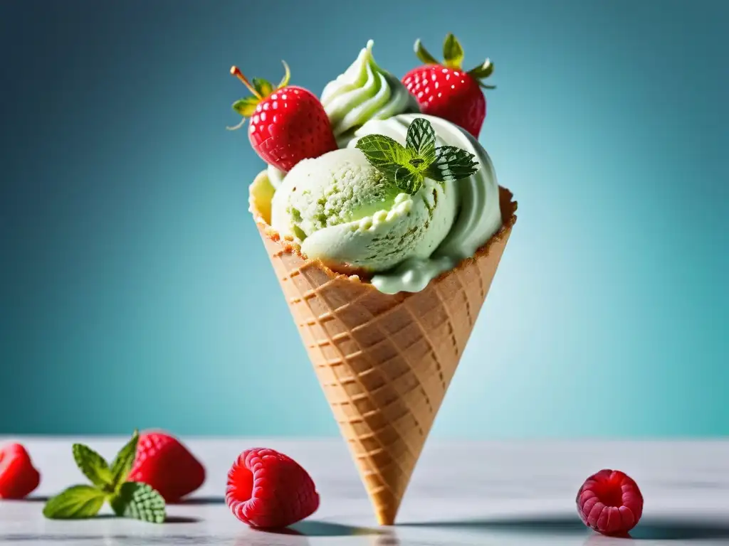 Delicioso helado vegano casero en cono con frutas y menta en cocina moderna