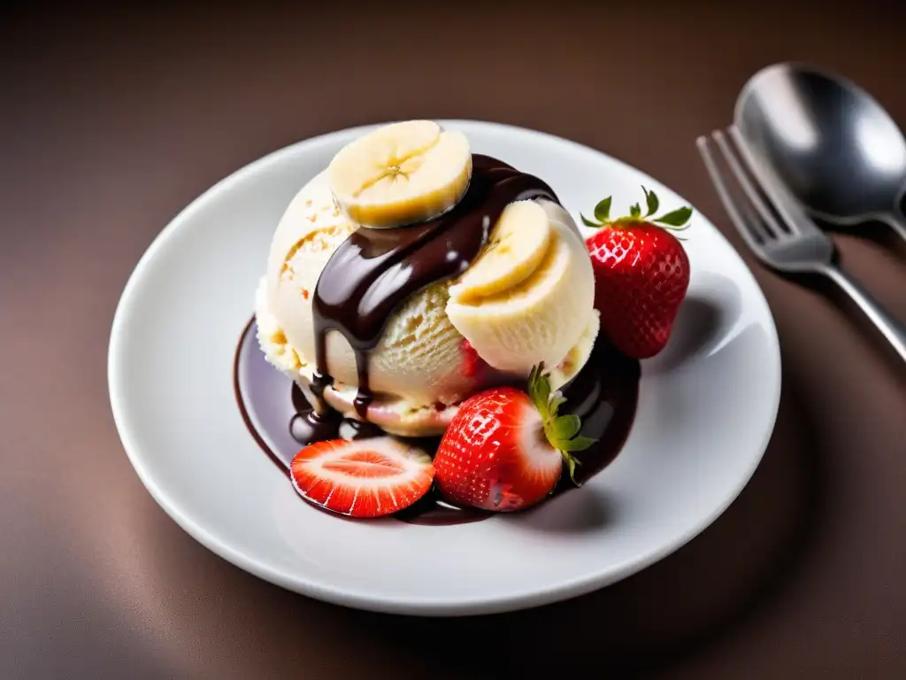 Delicioso helado vegano casero de coco y plátano con fresas frescas y salsa de chocolate, una tentadora receta casera