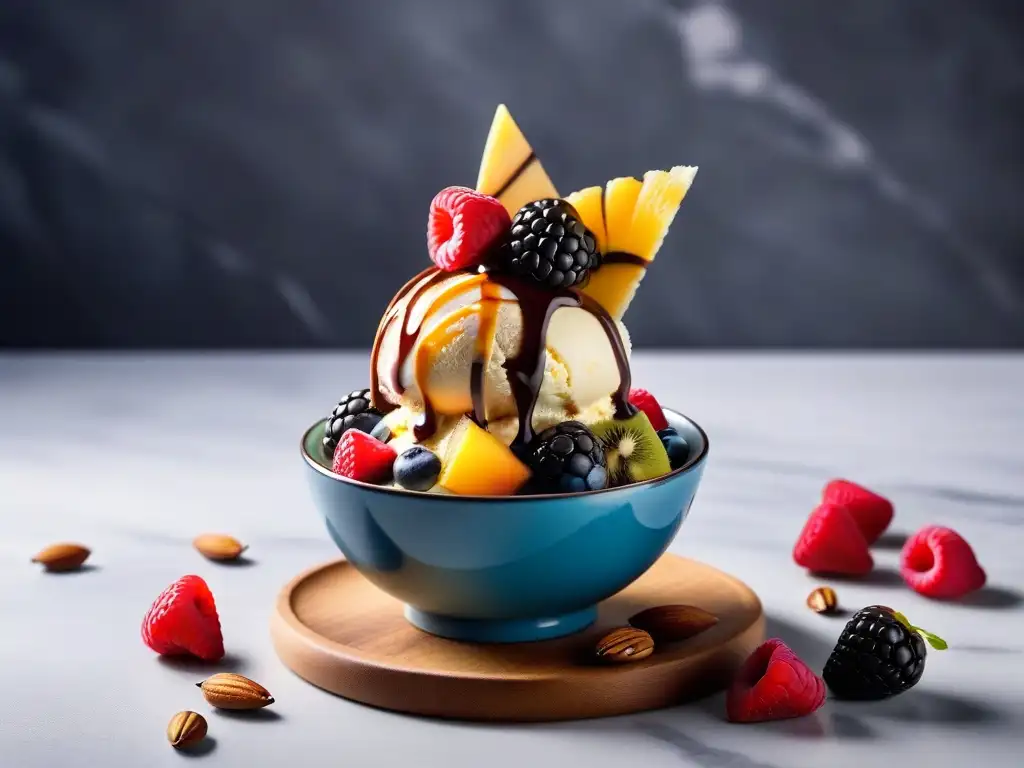 Delicioso helado vegano casero con frutas frescas y chocolate, en un envase moderno sobre mármol