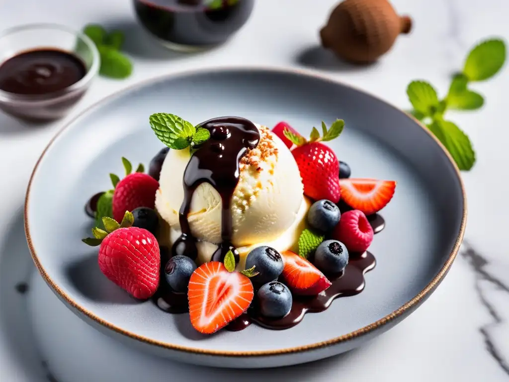 Delicioso helado vegano sin lácteos con bayas frescas, menta y salsa de chocolate en plato de mármol moderno