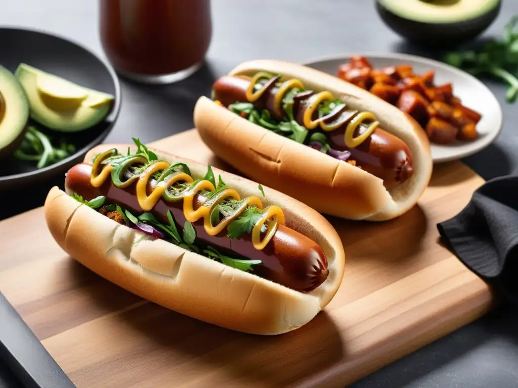 Delicioso hot dog vegano gourmet en un elegante entorno de cocina